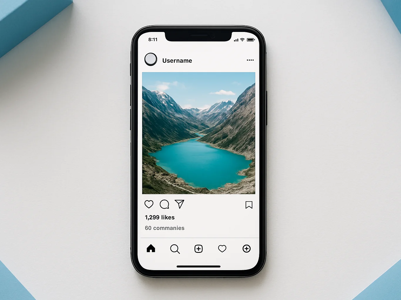 Overhead view of a phone showing a single image post on a feed la