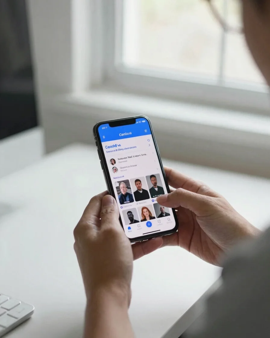 Candid 35mm scene of a creator at a bright window desk arranging a phone showing a blue-and-white profile page with reel