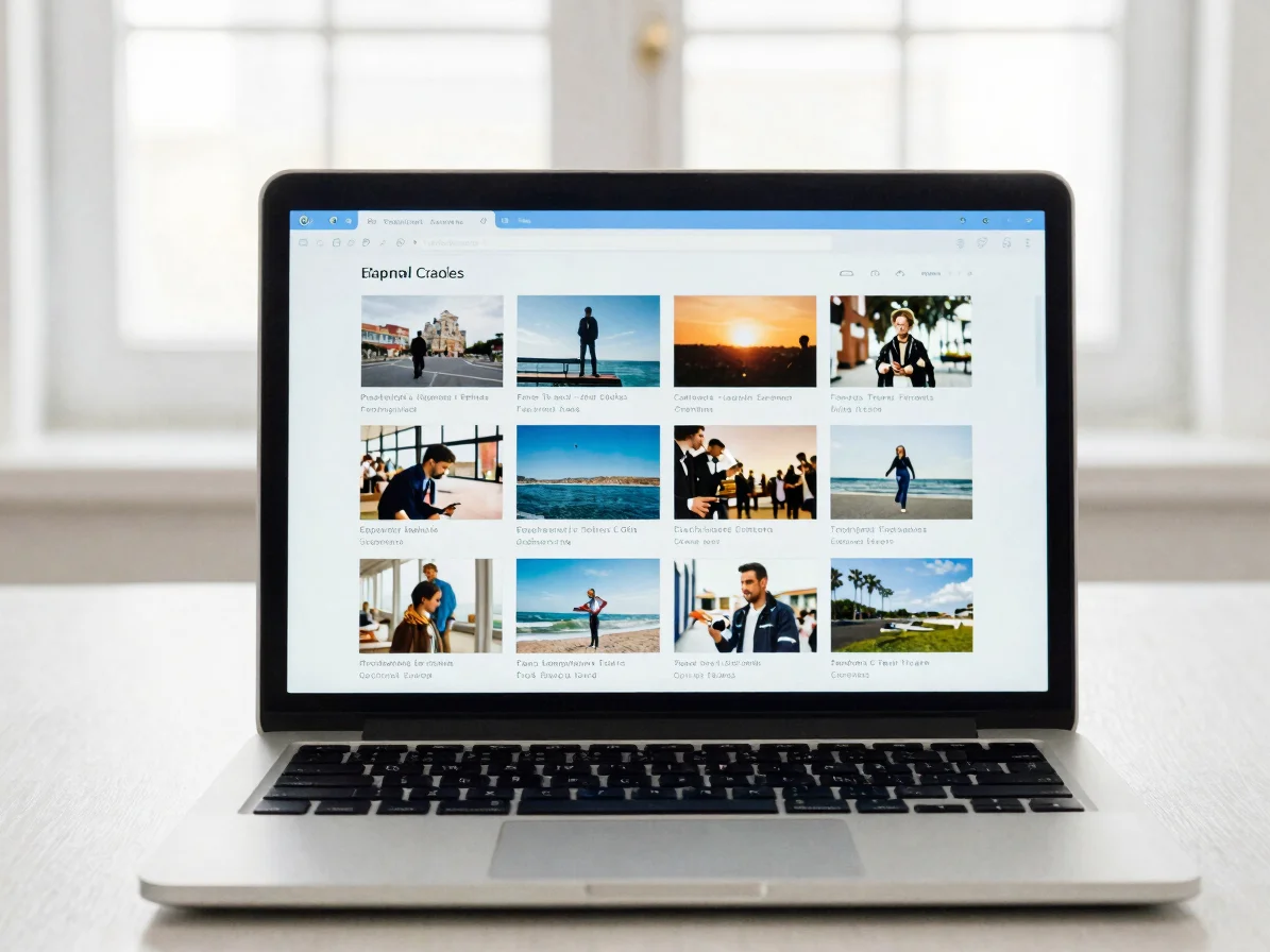 Editorial product photography of a laptop showing a blue-and-whit