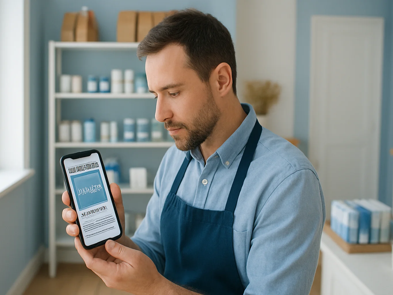 Editorial product photography of a local shop owner reviewing a phone screen showing an ad theme layout, bright soft win