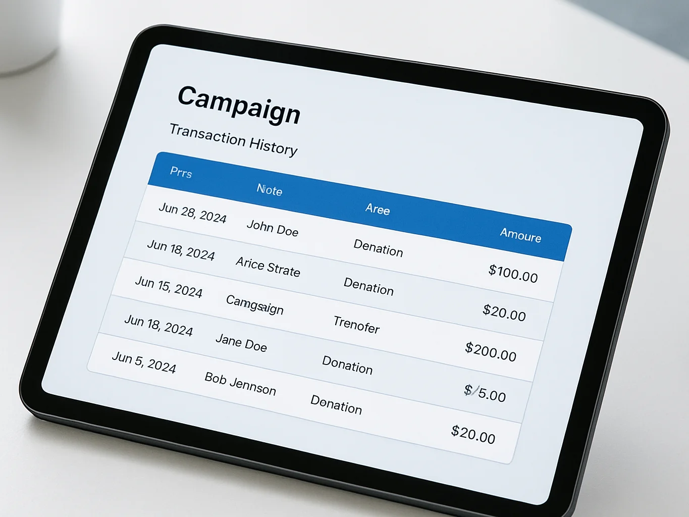 Close interface detail of a campaign transaction history list on a tablet, crisp blue and white UI, soft studio light, c